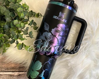 Engraved Black Chroma Stanley Tumbler: Tropical Hibiscus Flower Design