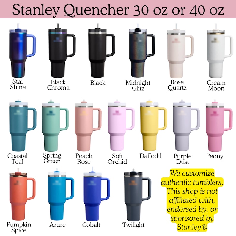 a collection of various colored stainless steel tumblers, including black, blue, pink, green, peach, orchid, and others. The tumblers are arranged in a grid-like pattern, showcasing the different colors available.