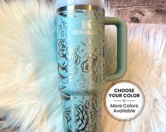 Engraved Seafoam Brand Name Tumbler: Peony Floral Design, Seafoam Authentic Tumbler Gift for Mom
