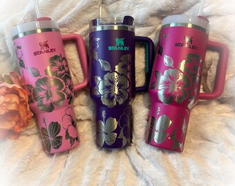 Engraved Stanley Tumbler Hibiscus Floral Engraved Stanley Quencher Tumbler Stanley Gift for Her Hawaiian Stanley Engraved Tumbler Cruise Cup