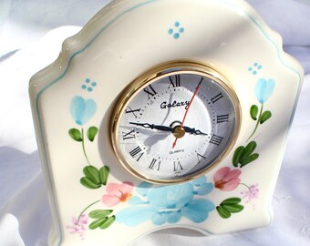 Vintage Tabletop Galaxy Porcelain Clock - Hand-Painted Floral Design with Blue Border - Functional and Decorative Timepiece