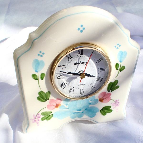 Vintage Tabletop Galaxy Porcelain Clock - Hand-Painted Floral Design with Blue Border - Functional and Decorative Timepiece