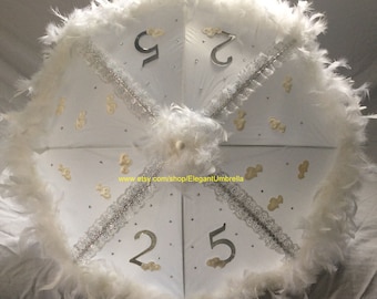 34 inch White and Silver 25th Anniversary Umbrella Design 2