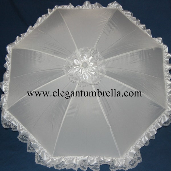 34 inch White Ribbon Lace Trimmed Umbrella