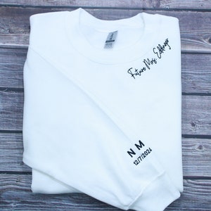 Custom Mrs. Embroidered Sweatshirt, Date On Sleeve, Name On Neckline, Wife Shirt, Future Mrs Hoodie, Engagement Gift, Bride To Be