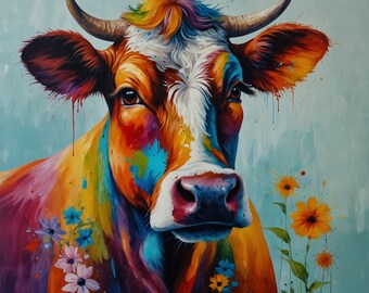 Floral Cow Wall Decor, Canvas, Cow Wall Hanging, Modern Decor, Floral Wall Art, Animal Wall Decor, Living Room Decor, Bedroom Art