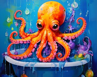 Octopus In Bathtub, Canvas, Octopus Wall Art, Bathroom Wall Art, Animal Decor, Bathroom Wall Prints, Nursery Wall Art