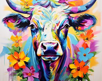 Floral Cow Wall Decor, Canvas, Cow Wall Hanging, Modern Decor, Floral Wall Art, Animal Wall Decor, Living Room Decor, Bedroom Art