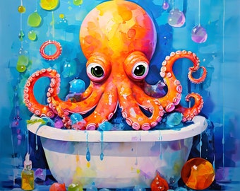 Octopus In Bathtub, Canvas, Octopus Wall Art, Bathroom Wall Art, Animal Decor, Bathroom Wall Prints, Nursery Wall Art
