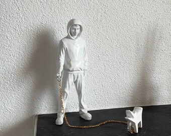 Modern Man Walking Dog Sculpture, Trendy White Art Decor for Office, Living Room, and Bedroom