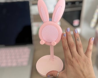 Adjustable Desk Stand for Phone and Tablet Featuring Cute Pink Rabbit - Practical and Decorative Office Accessory