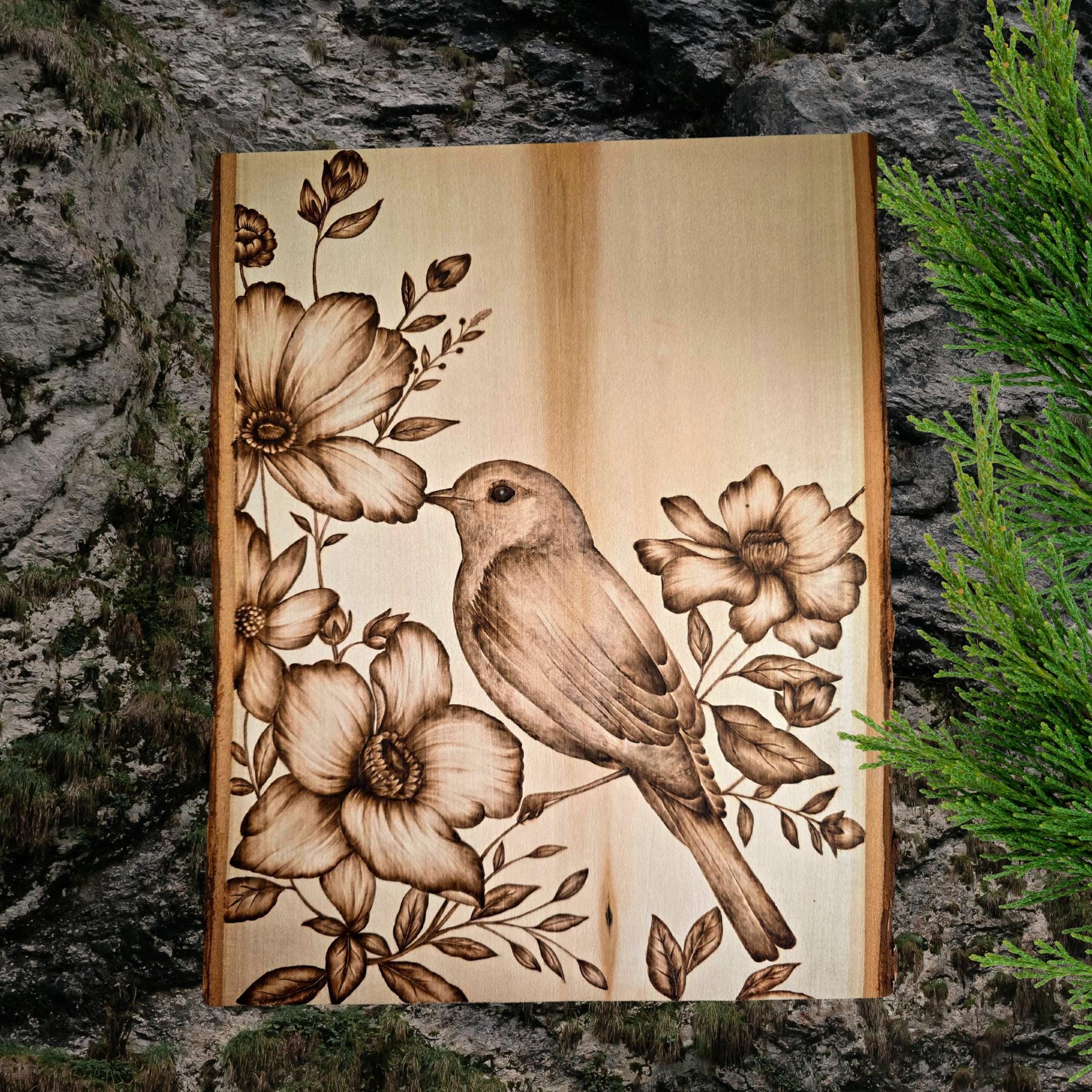 Handcrafted Pyrography Bird and Flower Wood Art: Rustic Home Decor