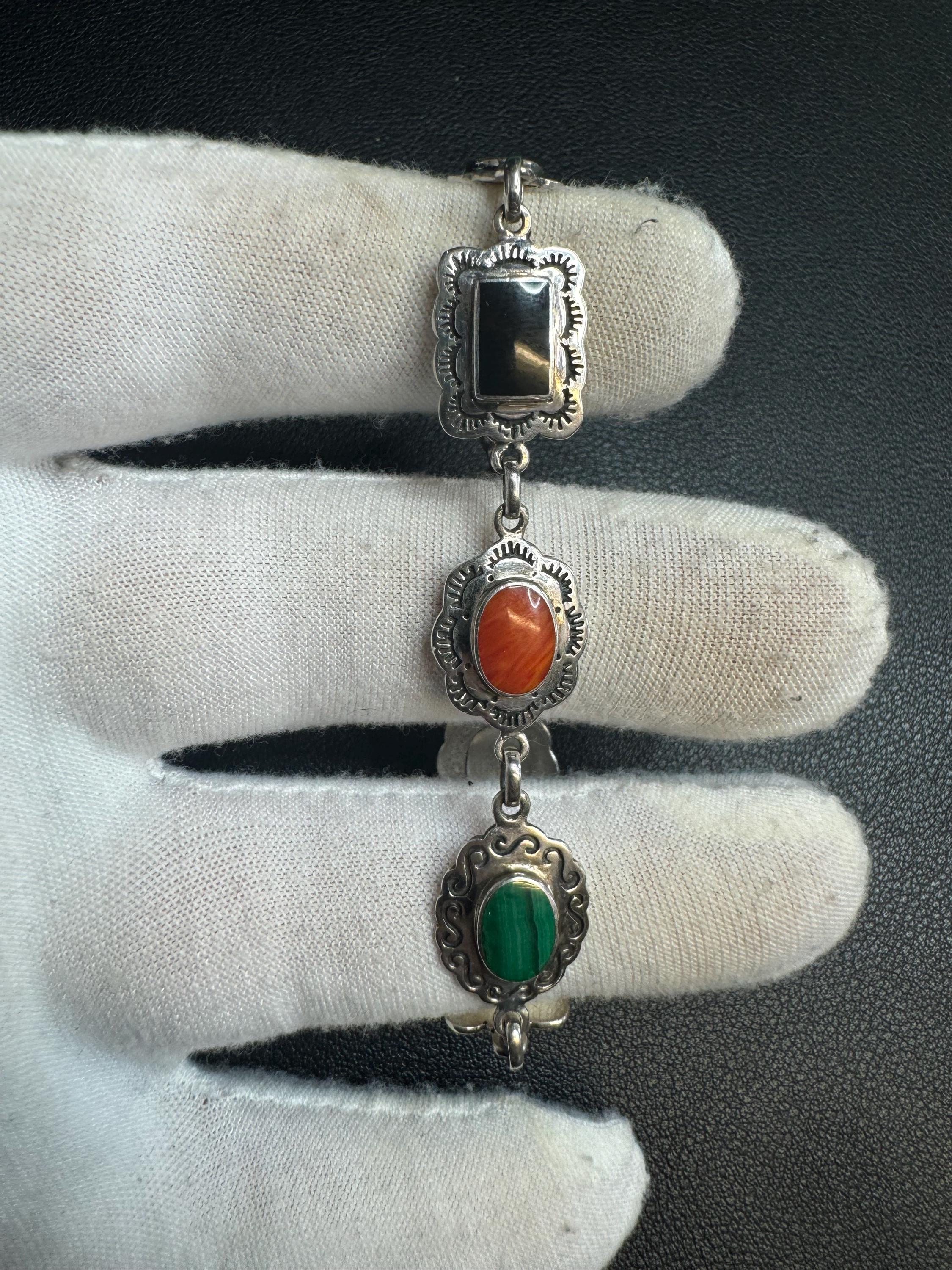 13.72g .925 Sterling Silver 7 1/4” Black Onyx, Malachite