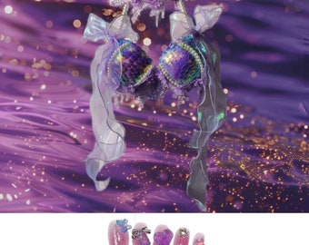 Galaxy Purple Mermaid Outfit Set, Handgemaakt, Rave Outfit, Festival Outfit, Press-On Nails, EDM, Fairy Outfit