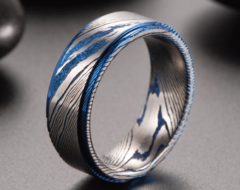 Blauer Stahl Hand geschmiedet Antike Metallurgie Damast Stahl Ehering Einzigartige Ein von einem Art Geschenk für Ihn Ehemann Sohn