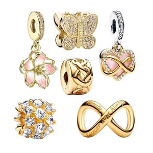 Puede incluir: Una colecci&oacute;n de abalorios y colgantes dorados. Los dise&ntilde;os incluyen una flor con esmalte rosa, una mariposa incrustada con piedras transparentes, un coraz&oacute;n infinito, un nudo celta, una esfera de piedras transparentes y un s&iacute;mbolo de infinito con texto.