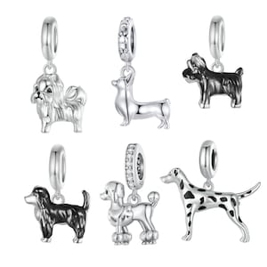 Peut inclure: Une collection de breloques argentées représentant des chiens de différentes races. Les breloques incluent un Shih Tzu, un Corgi, un Yorkshire Terrier, un Caniche, un Dalmatien et une autre race. Chaque breloque a une boucle pour l'attacher.