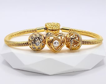 Pearl Charm Gold Plated over 925 Silver Cubic Zirconia Charms fits Pandora Bracelet BUY 3 GET 65% OFF