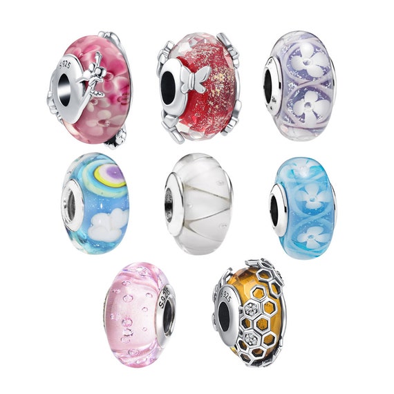 ムラノガラスチャーム 本物の925スターリングシルバー チャーム コア レッドフラワー ピンク ラブハート ホワイト イエロー ガラスビーズ パンドラスタイルブ Pandora Woman 925スターリングシルバーシルバー GUAIHAODE 本物の