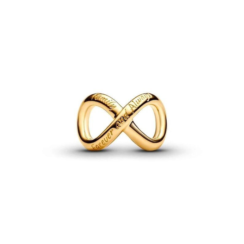 Puede incluir: Un charm de s&iacute;mbolo infinito de color dorado con las palabras "Family Forever and Always" grabadas. Es una pieza de joyer&iacute;a, probablemente un colgante o charm para una pulsera o collar.