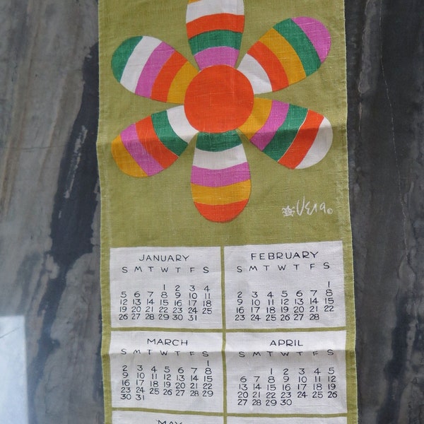 Vintage Vera Neumann 1969 Calendar Tea Towel Wall Hanging Daisy