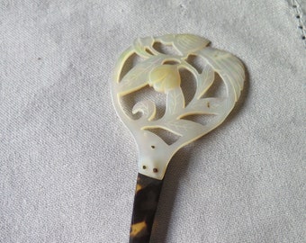 Vintage Mother of Pearl Carved Hairpin Hair Pick Bird and Flower