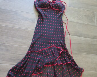 Vintage SUE WONG Dress Bias Cut Red Black Silk Polka Dot Hi Low Hemline size 8 B36