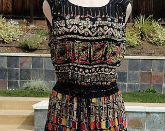 Vintage 80s Multi Tiered Ethnic Print Full Skirt Dress with Keyhole Bodice M