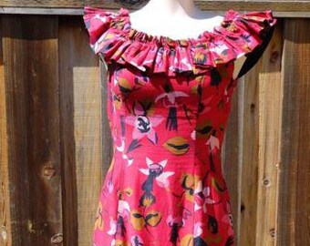 Vintage 50s Dianes of Honolulu Hawaiian Fishtail Gown Holomu'u Dress B33