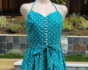 NOS NEW Vintage 70s Lanz Originals Teal Polka Dot Halter Sun Dress sz 7/8 B34