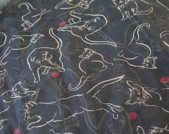 Vintage Black Silk Kitty Cat Silk Scarf Semi Sheer Rectangle