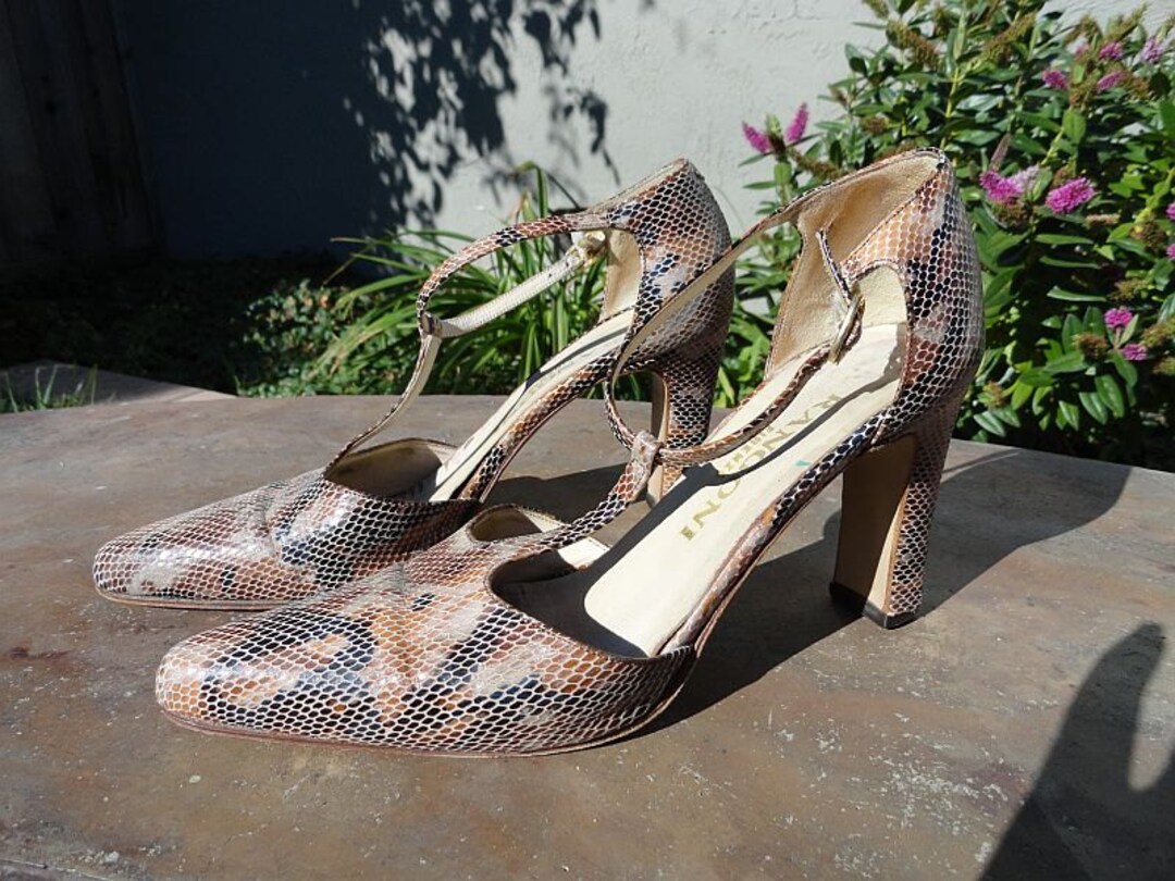 Python Skin Slippers Vintage 70s Reptile Snake Python Skin All Leather T-strap Italian Shoes ...