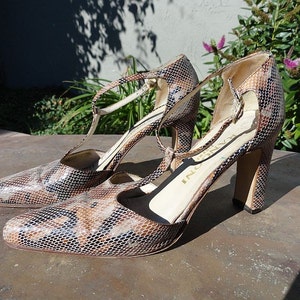 May include: A pair of brown and black snakeskin heeled sandals with ankle straps. The heels are block heels and the shoes have a pointed toe.
