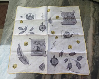 Vintage FAITH AUSTIN Hierba Lino Hankie Mapas Plumas Hojas Brújula Monedas Viajes