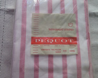 NIP Pair of Vintage PEQUOT Peppermint Stripes Pillowcases All Cotton Muslin 42 x 36