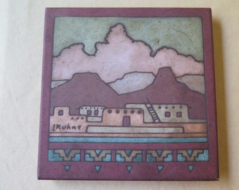 Vintage 80s L KUHNE Trivet Tile Earth Tones Southwest Pueblo Landscape 6 x 6 inch