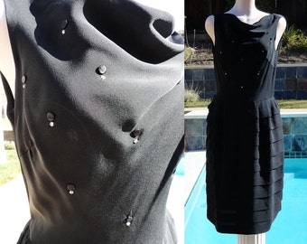 Vintage 60s Cha Cha Tiered Skirt Little Black Dress studded with Rhinestones B38