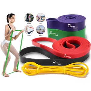 May include: Set of five resistance bands in different colors: yellow, black, red, green, and purple. The bands are stacked on top of each other and labeled "Pinrox Hick".