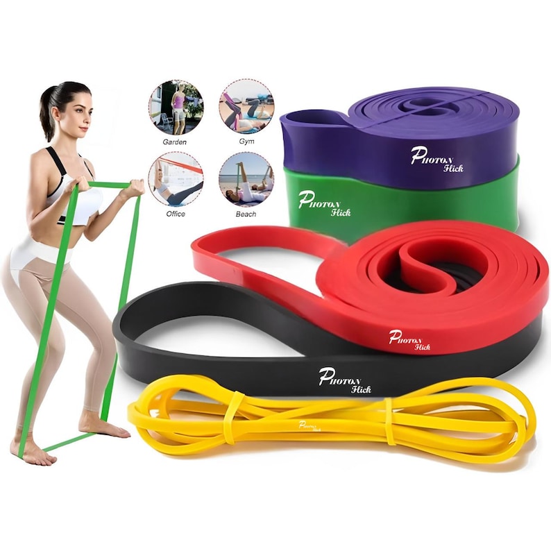 May include: Set of five resistance bands in different colors: yellow, black, red, green, and purple. The bands are stacked on top of each other and labeled "Pinrox Hick".
