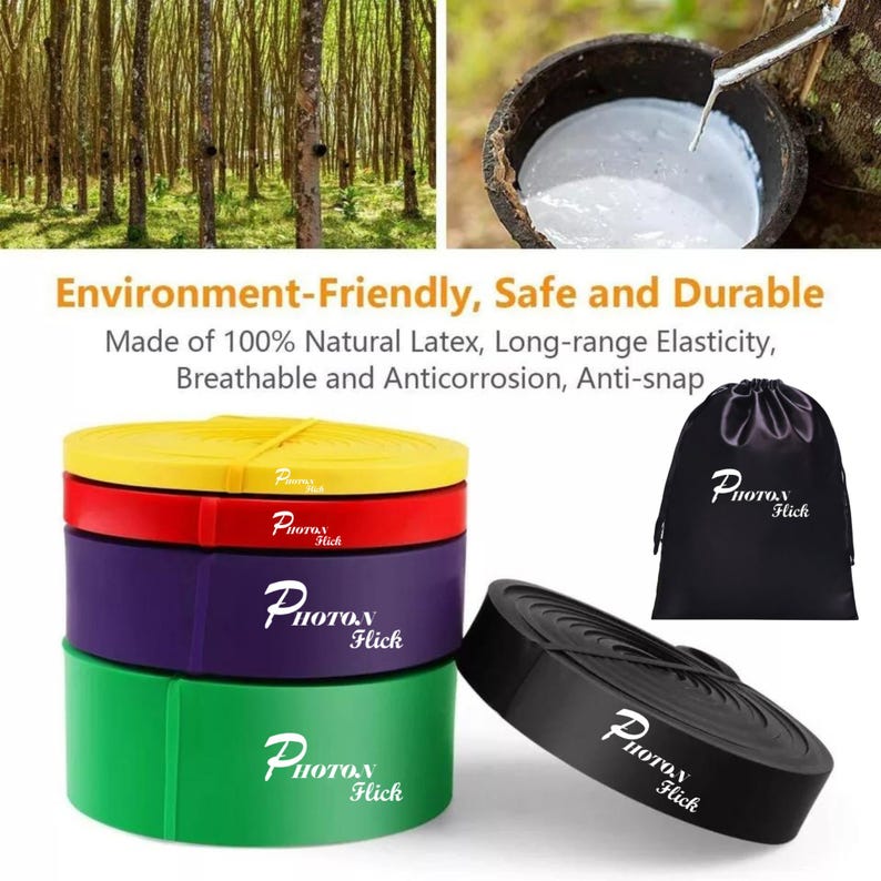 May include: Set of four resistance bands in yellow, red, purple, and green colors. The bands are stacked on top of each other and have the text "PHOTON Hick" printed on them. A black drawstring bag with the same text is also shown.