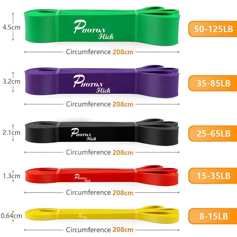 May include: Five resistance bands of different colors and thicknesses, labeled with their resistance levels in pounds: 8-15LB, 15-35LB, 25-65LB, 35-85LB, and 50-125LB. Each band is 208cm in circumference.