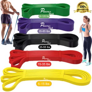 May include: Set of five resistance bands in different colors and resistance levels: yellow (5-15 lbs), red (15-35 lbs), black (25-55 lbs), purple (35-85 lbs), and green (50-125 lbs). Each band has the brand name "Photon Hick" printed on it.