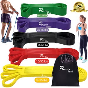 Può includere: Set di cinque bande di resistenza in giallo, rosso, nero, viola e verde. Le bande sono etichettate con i loro livelli di resistenza: 5-15 libbre, 15-35 libbre, 25-55 libbre, 35-85 libbre e 50-125 libbre. Le bande sono confezionate in una borsa a cordoncino nera con il nome del marchio "Photon Hick" stampato su di essa.