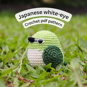 Puede incluir: Un pájaro tejido a ganchillo con cabeza y cuerpo verdes, vientre blanco y ala verde oscuro. El pájaro tiene ojos negros y blancos y un pico negro. El texto "Japanese white-eye Crochet pdf pattern" está encima del pájaro.