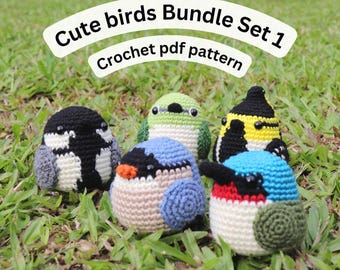 May include: A collection of five crocheted bird figures in various colors, including blue, green, black, and yellow. The birds are arranged on a bed of green grass. The text "Cute birds Bundle Set 1 Crochet pdf pattern" is displayed above the birds.