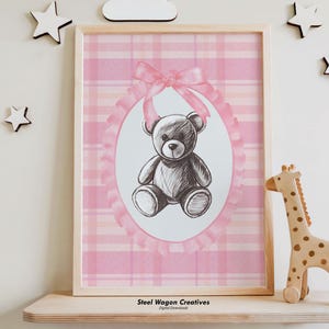 Cute Teddy Bear Nursery Art, Pink Coquette Print for Girls Room, Girly Wall Art for Baby Girl Nursery, Stuffed Animal Art Printable Artwork