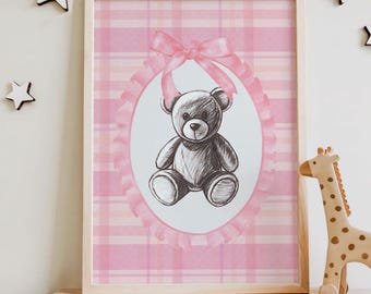 Cute Teddy Bear Nursery Art, Pink Coquette Print for Girls Room, Girly Wall Art for Baby Girl Nursery, Stuffed Animal Art Printable Artwork