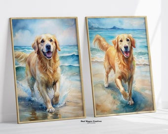 Lámina artística de Golden Retriever, arte de pared playero, decoración para habitación de perro, obra de arte animal, regalo para amantes de los perros, arte costero, impresión oceánica, arte de casa de playa