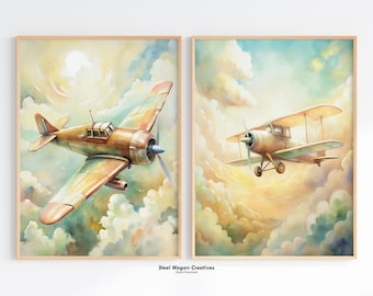 Vintage Airplane Nursery Art, Set of 2 Pastel Airplane Prints, Aircraft Art for Kids Room, Transportation Art Boys Nursery, Toddler Artwork
