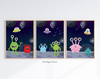 かわいいエイリアンアート、宇宙プリント3枚セット、UFO宇宙船ポスター、子供部屋用宇宙保育園アート、気まぐれな銀河プリント、デジタル